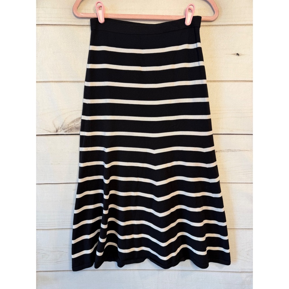 Cardigan Black White Striped Knit Midi Skirt Small Cotton Blend A-Line Pull On